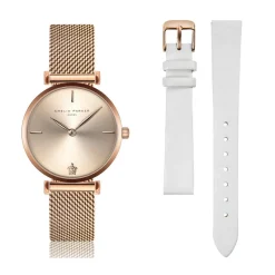 Amelia Parker Montres|Set Montre Femme 2 Bracelets Gold Shore en Acier & Cuir rose doré/blanc