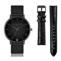 Amelia Parker Montres|Set Montre Femme 2 Bracelets Jet Black en Acier & Cuir noir