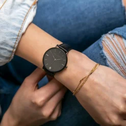 Amelia Parker Montres|Set Montre Femme 2 Bracelets Jet Black en Acier & Cuir noir