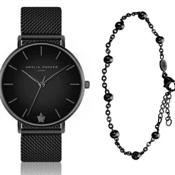 Amelia Parker Montres|Set Montre Femme & Bracelet Jet en Acier noir
