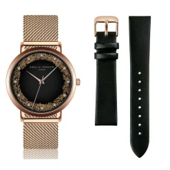 Amelia Parker Montres|Set Montre Femme 2 Bracelets Coral en Acier & Cuir rose doré/noir