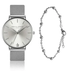 Amelia Parker Montres|Set Montre Femme & Bracelet Capsule Grey en Acier argenté
