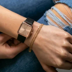 Amelia Parker Montres|Set Montre Femme 2 Bracelets Gold Plaza en Acier & Cuir rose doré/noir