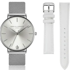 Amelia Parker Montres|Set Montre Femme 2 Bracelets Capsule en Acier & Cuir argenté/blanc