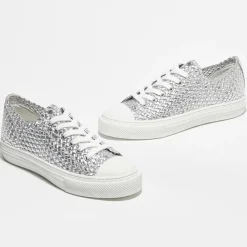 Stuart Weitzman Baskets|Sneakers en Cuir Wova Low-Top argentées