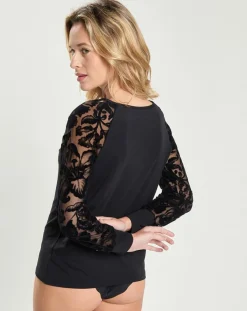 Mare Tops Et Blouses|Top en micromodal manches longues dentelle noir