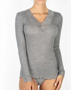 Mare Tops Et Blouses|Top manches longues Col V dentelle laine plissée argenté
