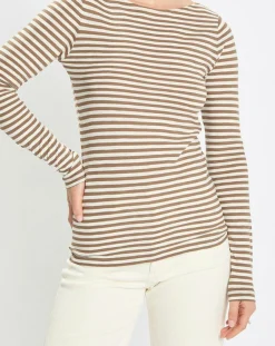 Marc O'Polo T-Shirts|T-Shirt Col Bateau Coton bio flammé rayé marron/écru