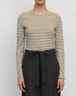 Marc O'Polo T-Shirts|T-Shirt Col Bateau Coton bio flammé rayé marron/écru