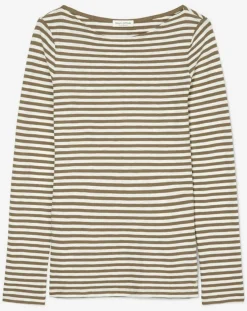 Marc O'Polo T-Shirts|T-Shirt Col Bateau Coton bio flammé rayé marron/écru