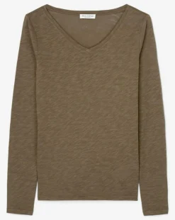 Marc O'Polo T-Shirts|T-Shirt Col V en Coton flammé kaki