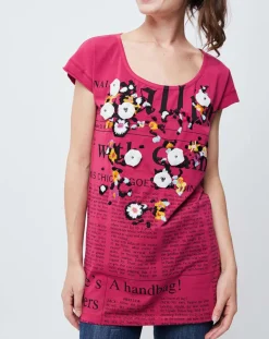 John Galliano T-Shirts|T-Shirt imprimé Gazette avec broderie et perle rose foncé/multicolore