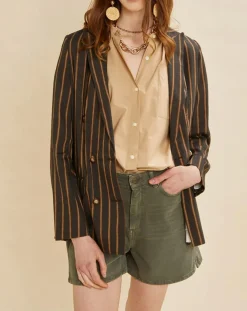 Chloé Stora Vestes, Blousons|Veste blazer en Lin mélangé Valeria rayée kaki